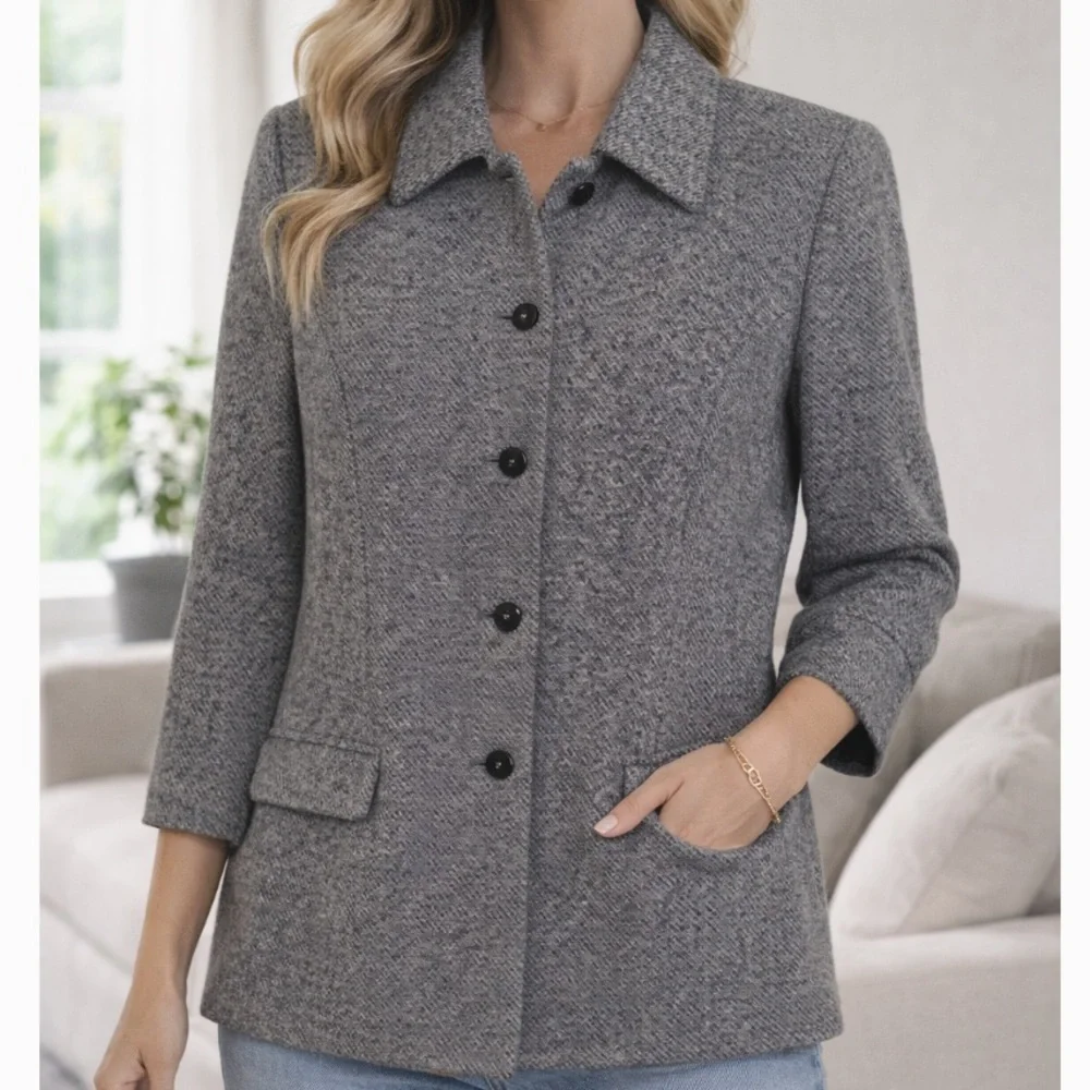 Sag Harbor Vintage Blue Textured Blazer Jacket Size 10 Tweedy Academic Career